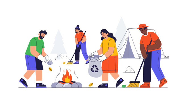 Volunteers Cleaning The Campsite For Sustainable Tourism And Environmental Preservation