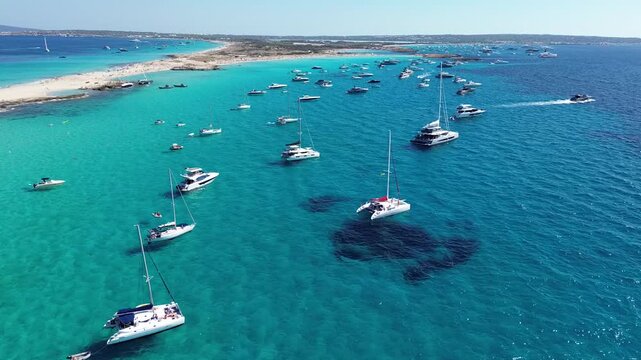 Amazing aerial view of Illetes beach, in Formentera island,Spain, at summer time