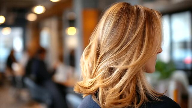 Rear three quarter view of woman's head showcasing dimensional blonde highlights and caramel lowlights individual color strands visible busy salon with stylists and clients