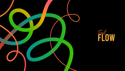 Feel Flow Typography. Gradient Ribbon Lines on Black. Abstract Color Wave Design. Creative Motion Graphic Poster.