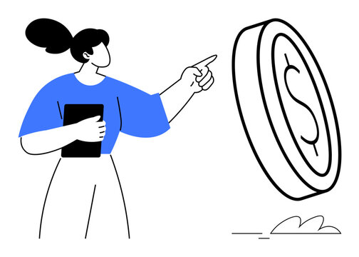 Woman holding a tablet and pointing at a large rotating dollar coin. Ideal for finance, investment, economy, business decisions, savings, planning, personal growth, simple flat metaphor
