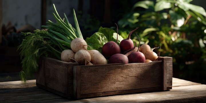 Fresh organic vegetables in wooden crate in sunlit garden setting