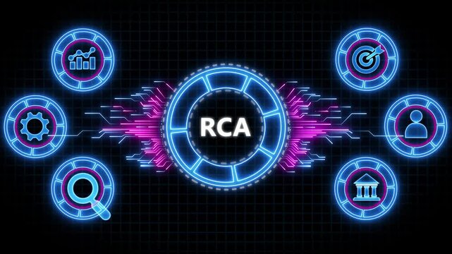 RCA Root Cause Analysis concept. Animated Circuit board futuristic processing background.