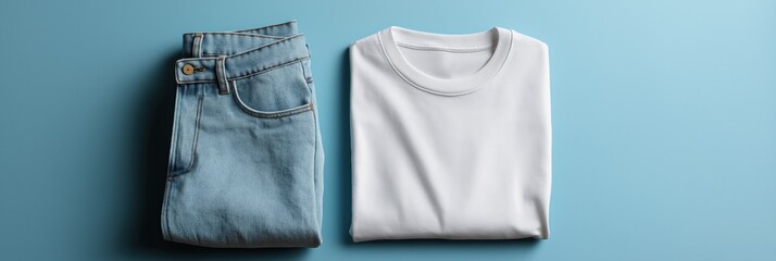 Folded light blue jeans and white t-shirt on pastel blue background