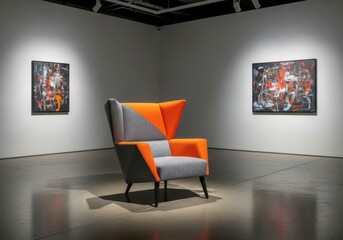Modern armchair with abstract paintings on display in a contemporary art gallery exhibition