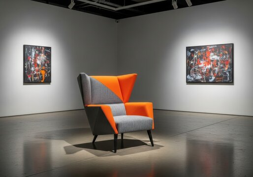 Modern armchair with abstract paintings on display in a contemporary art gallery exhibition