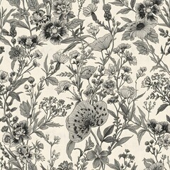 Flower pattern. Seamless background with floral herbs. Vintage botanical monochrome print with  meadow plants. Repeatable herbal texture. Hand-drawn vector illustration in retro style Generative Ai