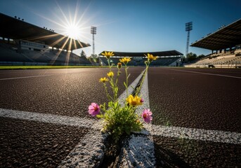 A small plant with colorful flowers grows through a crack in the running track of an empty stadium