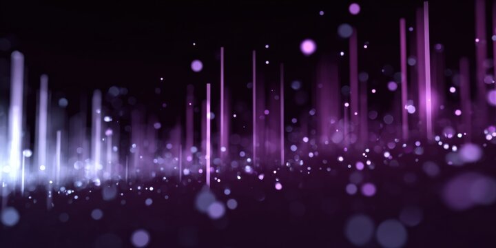 Abstract purple and white light particles and streaks on dark background