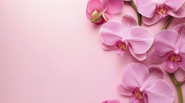 A delicate orchid in a close-up macro shot in pink tones with soft texture and detailed petals.