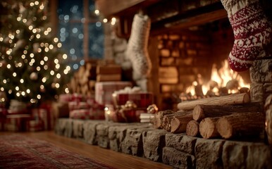 Cozy Cabin Living Room With a Christmas Tree, Fireplace, and Festive Decorations During Winter Evening