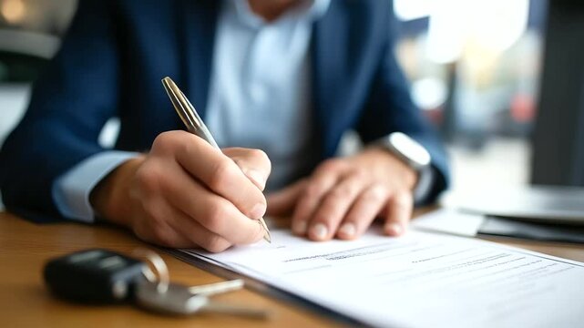 Businessman's hand signing used car purchase paperwork with luxury pen car title and inspection documents visible on desk sales manager's hands sliding keys across table dealers