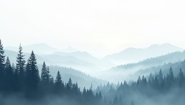 Scenic landscape view of misty mountains. Forest with evergreen trees. Natural background with fog and silhouettes. Peaceful nature artwork concept for travel. Beautiful tranquil outdoor scene.