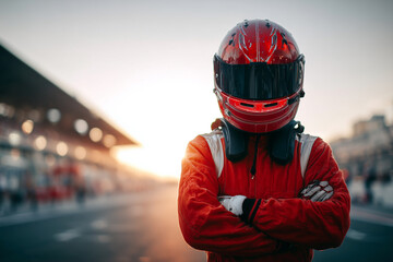 Naklejka premium A man in a red racing suit stands on a race track with his arms crossed