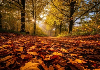 A sundrenched forest path covered in fallen autumn leaves, creating a warm and inviting scene