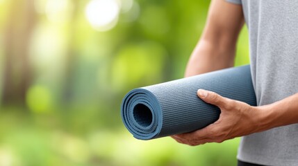 Male individual holding a rolled yoga mat in a serene outdoor environment, surrounded by lush greenery, preparing for a yoga session in nature, promoting wellness and mindfulness