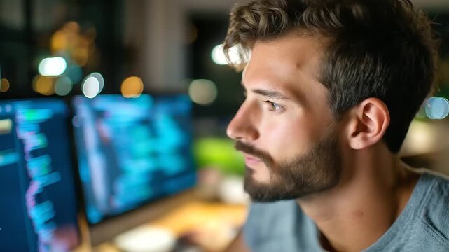 Developer recording software tutorial, code on monitor, professional lighting, concentration and clarity, education and technology, programming knowledge, innovation and learning,