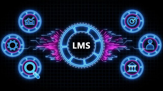 Learning Management System (LMS) concept. Digital animation glowing blue circuit lines, technology, data flow.