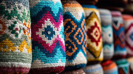 Fototapeta premium Close up of vibrant handmade indigenous arts and crafts showcasing intricate patterns and textures, highlighting the rich cultural heritage and craftsmanship of traditional artisans