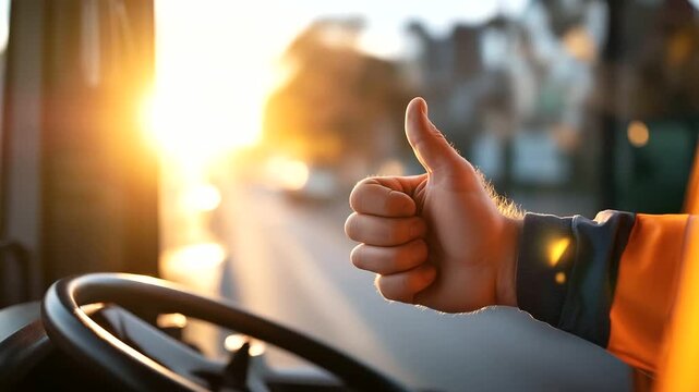 Garbage collector's hand showing enthusiastic thumbs up gesture out truck window morning sunrise visible steering wheel and dashboard in frame residential neighborhood