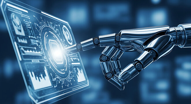 Robotic hand interacting with a digital interface displaying data and futuristic elements in blue tones ai generated