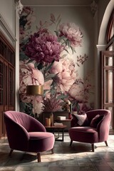 Elegant Lounge Setup With Floral Wall Art and Plush Seating in a Cozy Living Room