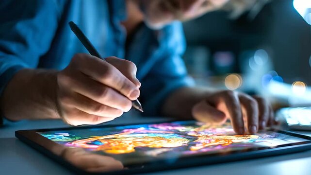 Animator drawing characters on tablet, colorful screen glow, storytelling in motion, imagination and creativity, animation production, digital art studio, creative process, visual