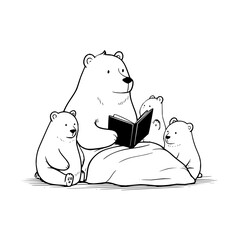 A polar bear reading a book to three cubs sitting around a large pillow in a black and white illustration