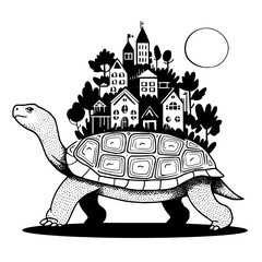 A whimsical illustration of a turtle carrying a town on its back under a bright moon in black and white