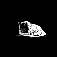 A black cat wrapped in a white blanket looking cozy against a stark black background illustration