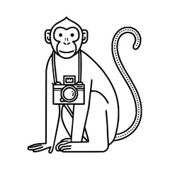 A monkey with a camera around its neck sitting with a dotted tail in a black and white outline style