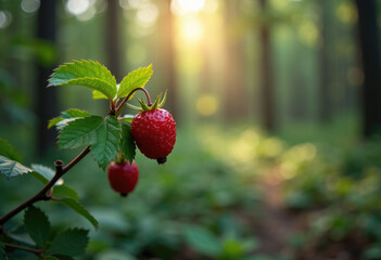 Forest in the background,free space for text on the side, berry in close-up