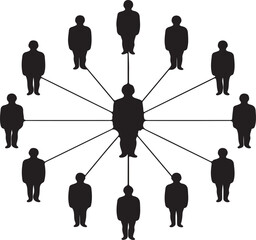 Black human silhouettes connected by lines in a radial pattern people white vector illustration EPS file download.
