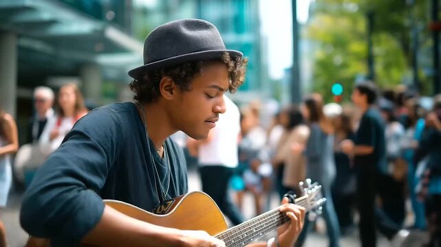 Street performer playing guitar downtown, crowd gathered around, natural light and movement, urban art, human connection, city culture, authenticity and talent, creative spirit, wi