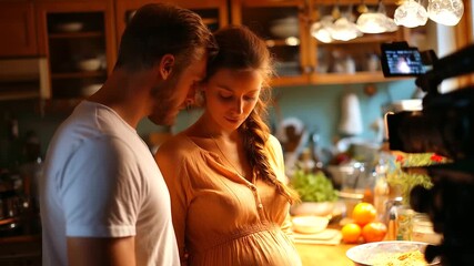 Expecting couple filming pregnancy vlog at home, warm light and affection, emotional storytelling, parenthood journey, family connection, authentic lifestyle content, love and anti - Powered by Adobe