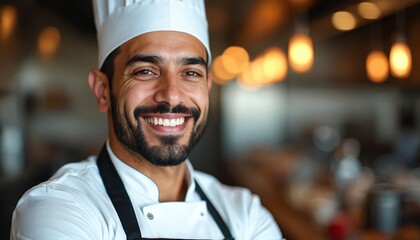 Hispanic man chef wears white uniform and hat with apron. He smiles brightly in restaurant kitchen. Professional cook works indoors preparing food with passion and skill.