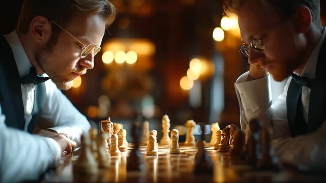 Chess players competing in quiet room, intense focus and strategy, intellect and patience, classic board game, competition and concentration, mental challenge, logic and discipline