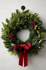 Beautiful Green Evergreen Wreath With Red Accents Hanging on a Wall for the Holiday Season
