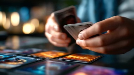 Gamer explaining collectible card strategy, colorful cards on desk, excitement and engagement, game culture, creativity and intellect, community education, entertainment and fun, s