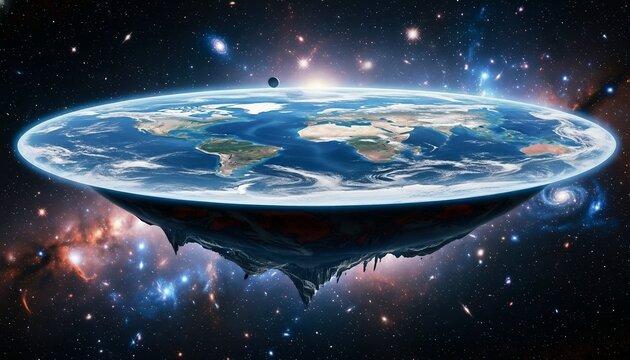 Flat earth theory concept in vast outer space with continents and oceans visible on its surface, surrounded by distant stars, colorful nebulae, and spiral galaxies, under a glowing celestial body.