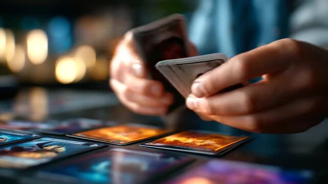 Gamer explaining collectible card strategy, colorful cards on desk, excitement and engagement, game culture, creativity and intellect, community education, entertainment and fun, s