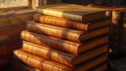 Antique books stack vintage leather binding gold embossing classic literature