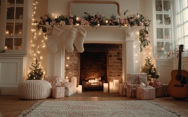 Cozy Holiday Living Room With Fireplace, Decorations, and Gifts at Evening