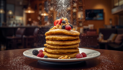 Delicious pancake stack powdered sugar berries food photography blurred background