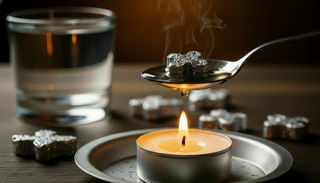 Bleigie&szlig;en Traditional new year's eve lead pouring fortune telling ritual with a spoon holding melting metal crosses above a flickering candle flame and a glass of water, symbolizing fate and destiny