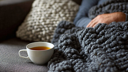 Man relaxing on cozy sofa wrapped in warm blanket, holding cup of tea, creating a serene atmosphere in a comfortable home setting with soft textures