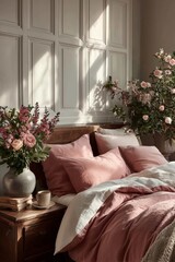 Cozy Bedroom With Soft Pink Decor and Natural Light in a Serene Setting
