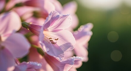 Close up of delicate pink flowers with water droplets in soft sunlight.