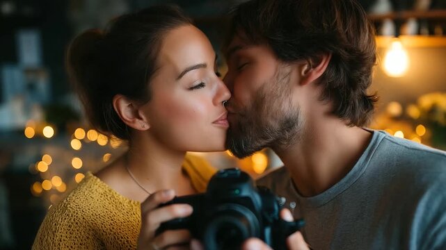 Expecting couple filming pregnancy vlog at home, warm light and affection, emotional storytelling, parenthood journey, family connection, authentic lifestyle content, love and anti