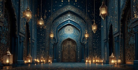 Elegant Blue Hall With Intricate Designs and Glowing Lanterns Shining Bright in a Starry Ambiance